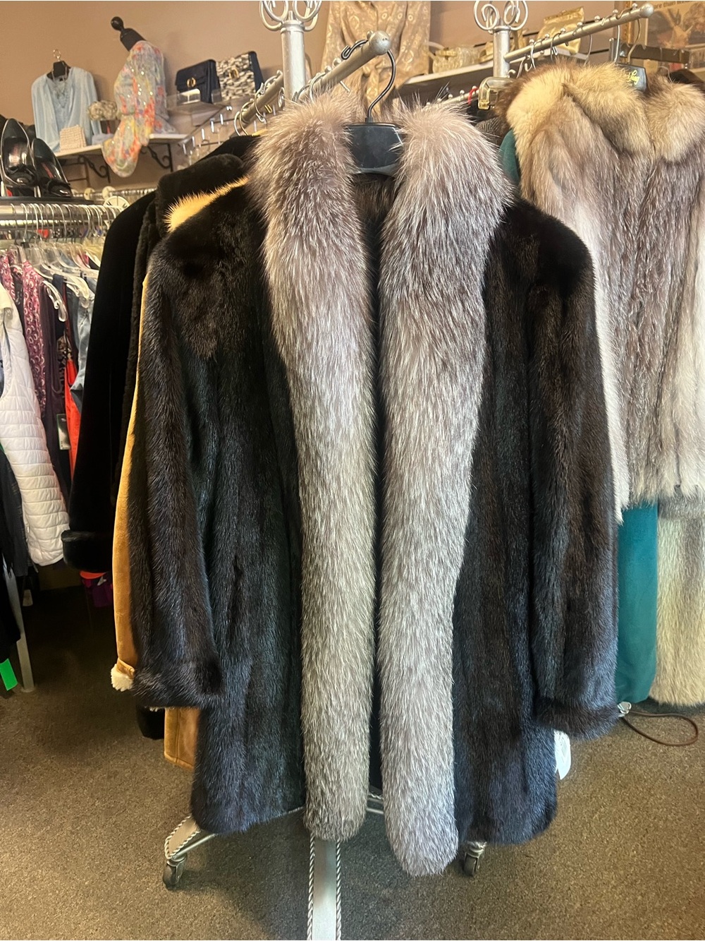 Luxurious Black Mink Coat with Silver Fox Trim